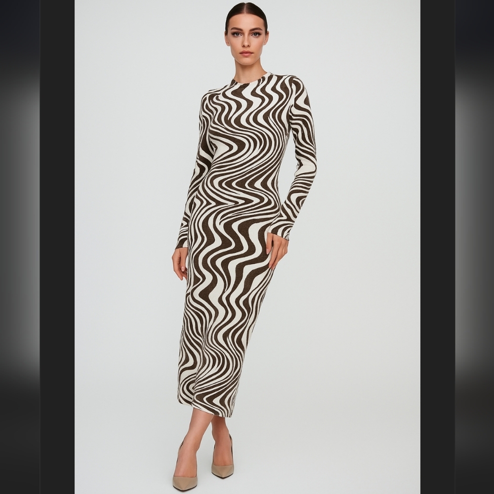 Zara Brown and White Wave Pattern Long Sleeve Midi Sweater Dress